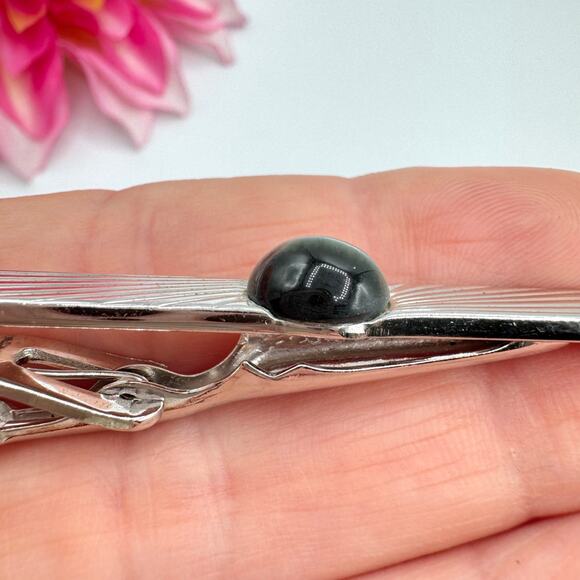 Vintage Swank Gray Tiger’s Eye Cufflink Tie Bar Set Silver Tone Dapper Formal - Picture 4 of 16